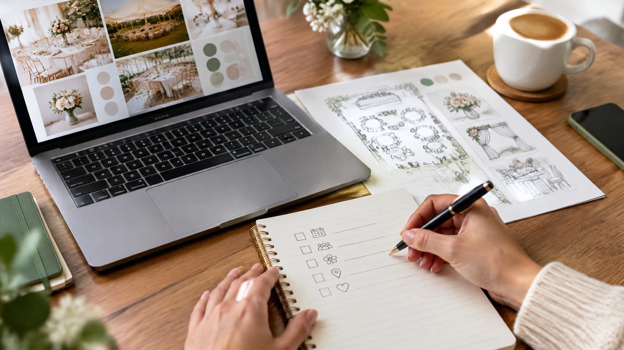 Hands typing on a laptop at a desk planning an event