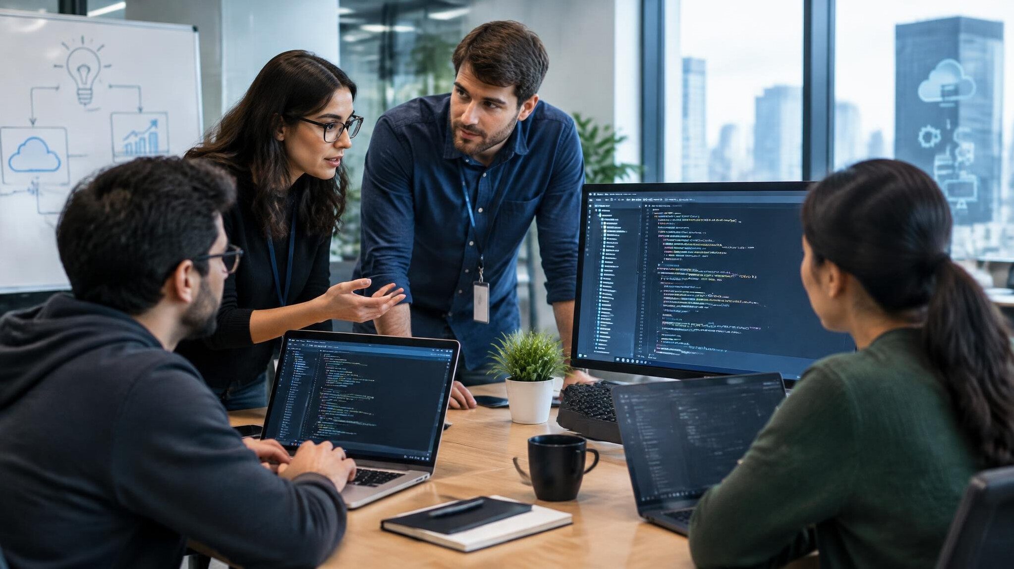 corporate team discussing software